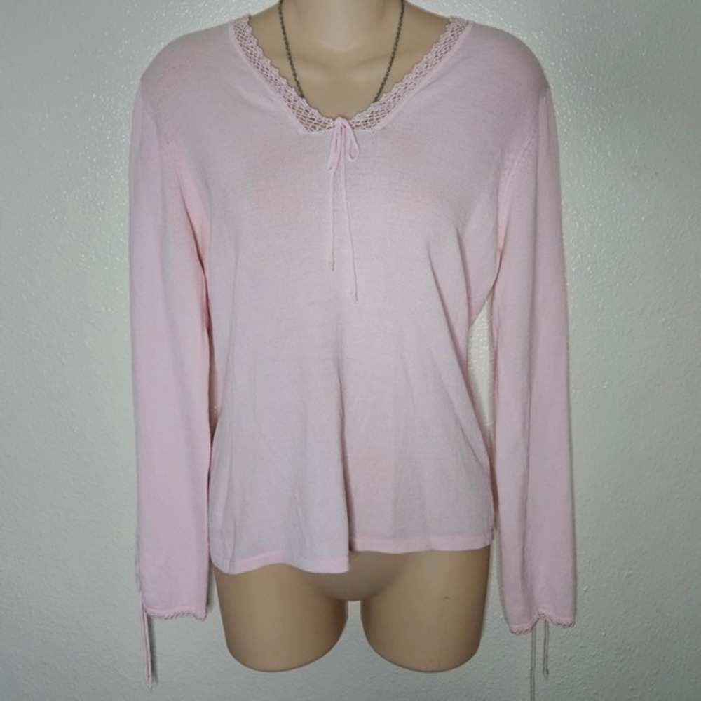 GNW Light Pink Knit Lace Tie Neck Long Sleeve‎ Top